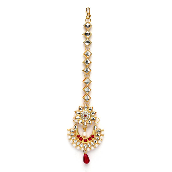 Gold-Plated Chandbali-Style  White & Pink Kundan Pearl studded Maang Tikka