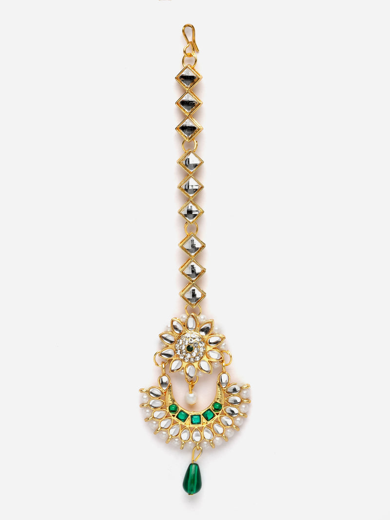 Gold-Plated White & Green Kundan studded Crescent Shaped Maang Tikka