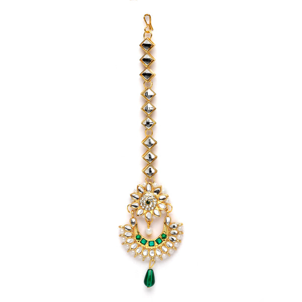 Gold-Plated Chandbali-Style  White & Green Kundan Pearl studded Maang Tikka