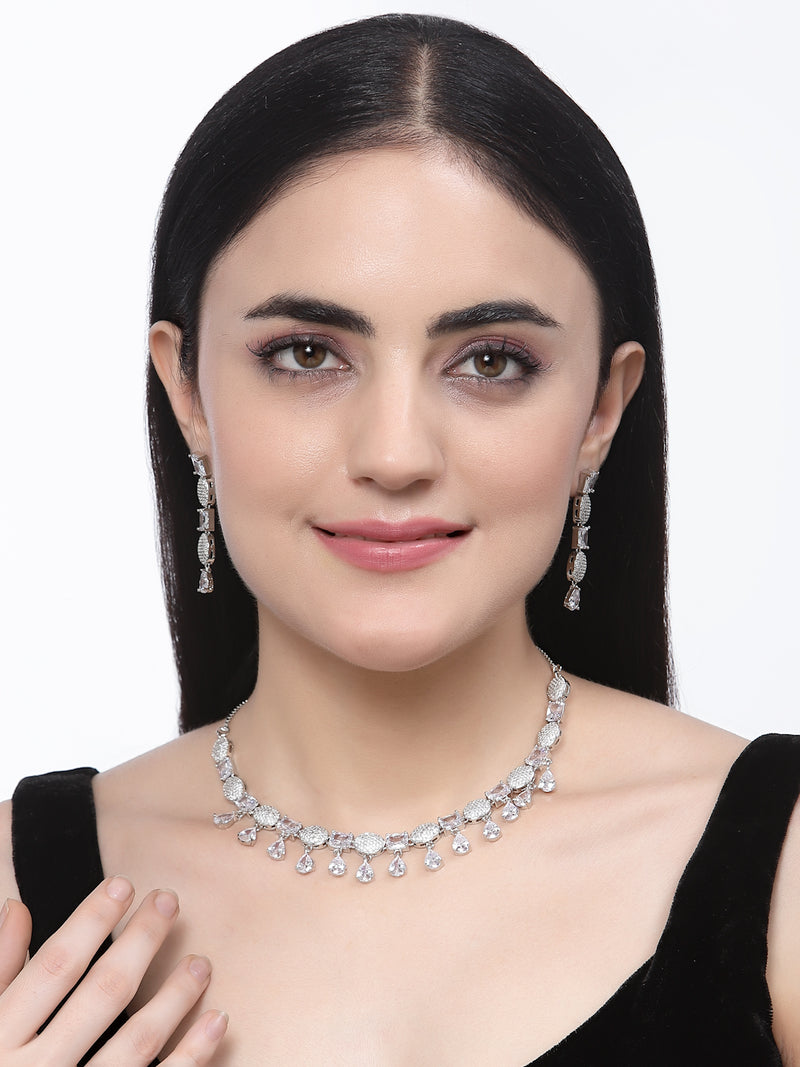 Rhodium-Plated White American Diamond Studded Intriguing Necklace & Earrings Jewellery Set