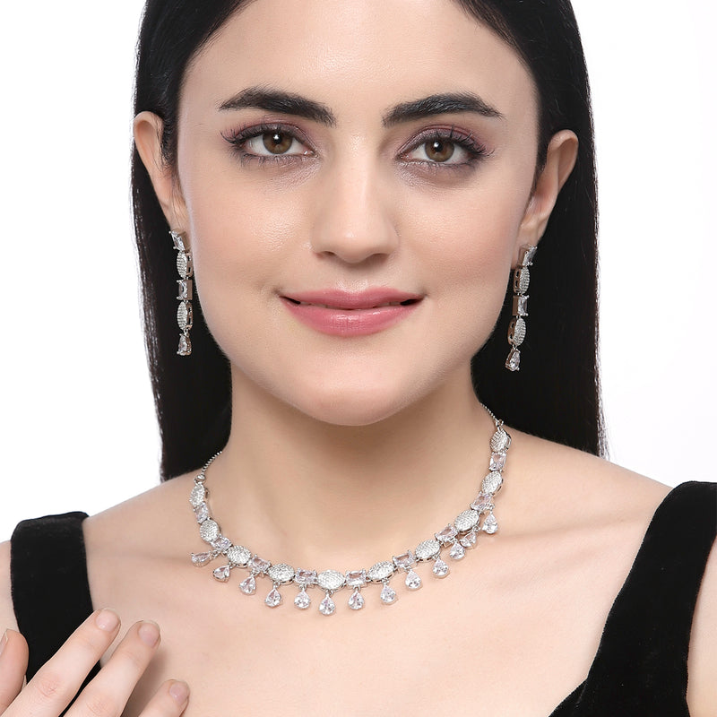 Rhodium-Plated White American Diamond Studded Intriguing Necklace & Earrings Jewellery Set
