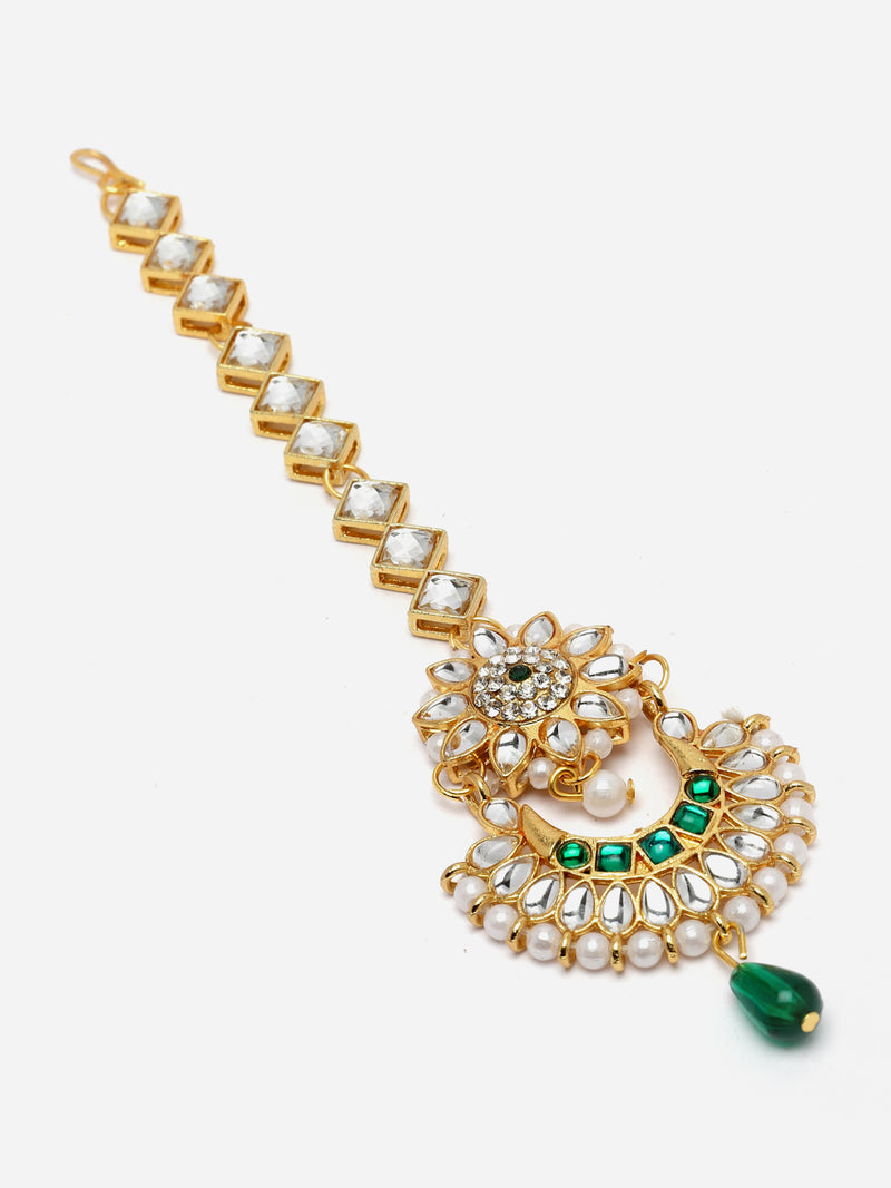 Gold-Plated White & Green Kundan studded Crescent Shaped Maang Tikka