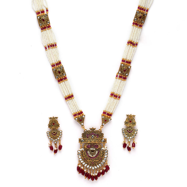 Gold-Plated Artifical Stones Studded & Beaded Intricate Long Necklace with Earrings Jewellery Set