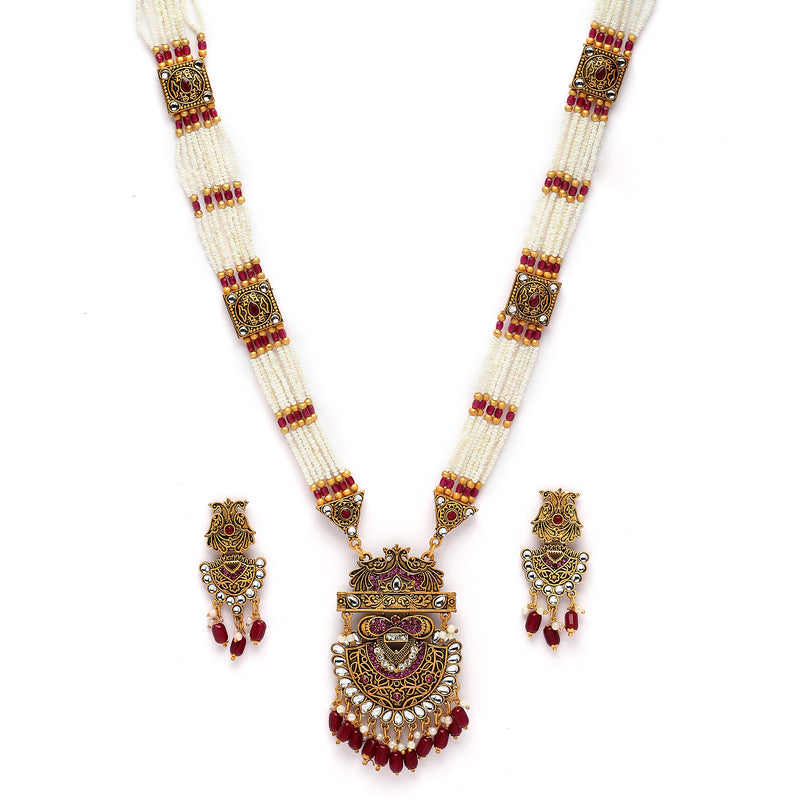 Gold-Plated Artifical Stones Studded & Beaded Intricate Long Necklace with Earrings Jewellery Set