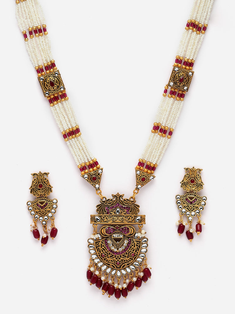 Gold-Plated Artifical Stones Studded & Beaded Intricate Long Necklace with Earrings Jewellery Set