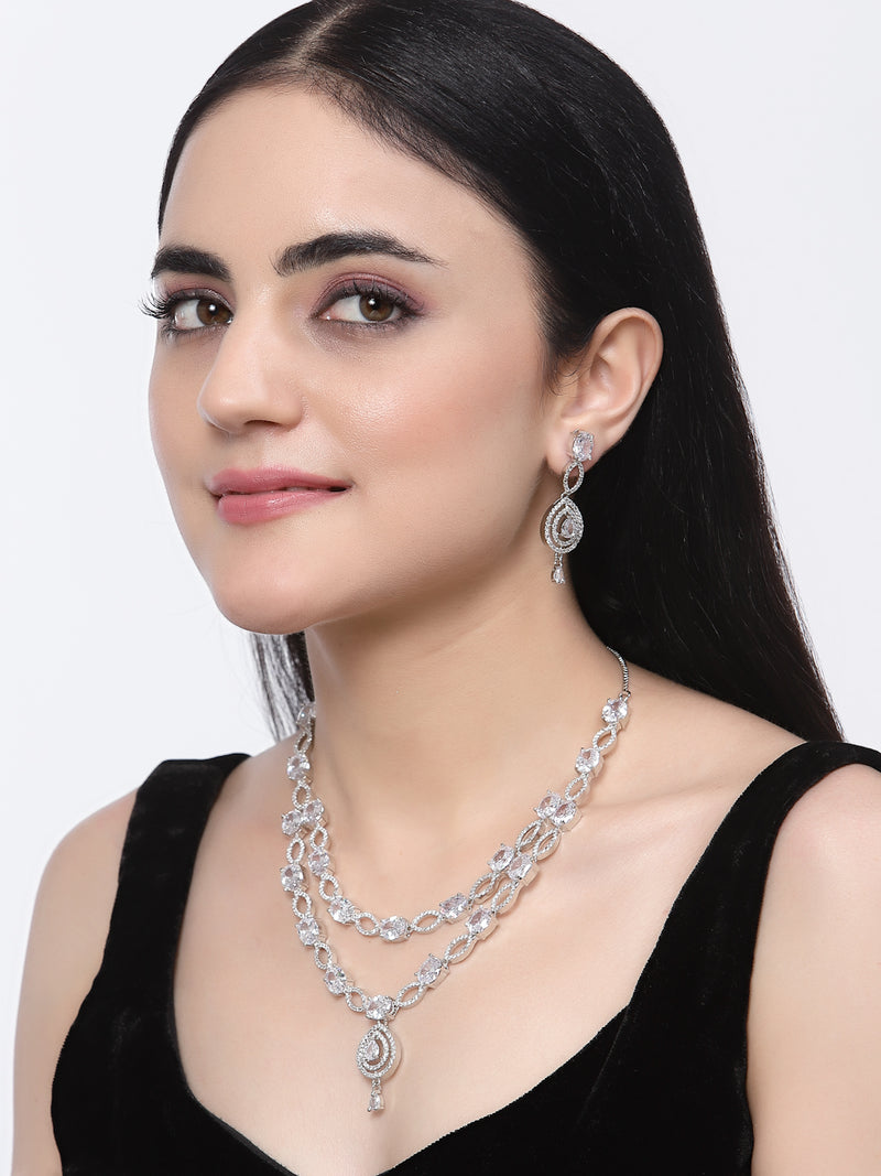Rhodium-Plated White American Diamond Studded Abstract Necklace & Earrings Jewellery Set