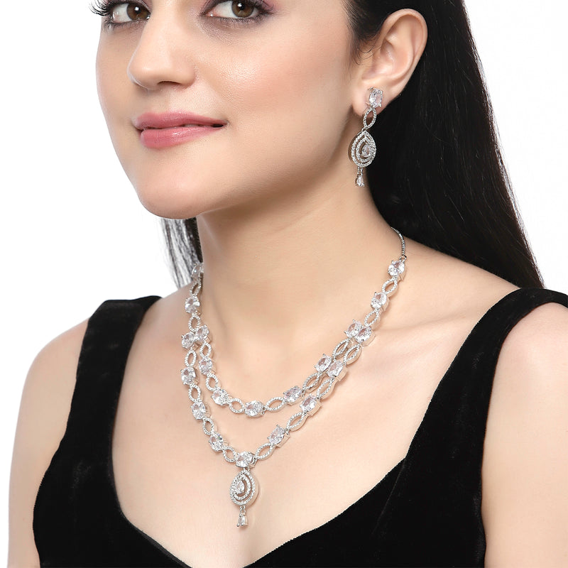 Rhodium-Plated White American Diamond Studded Abstract Necklace & Earrings Jewellery Set