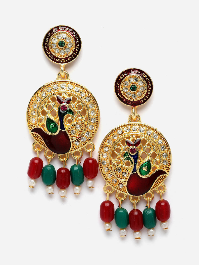 Gold-Plated Artifical Stone Studded & Beaded Peacock Craved Long Necklace with Earring Jewellery Set