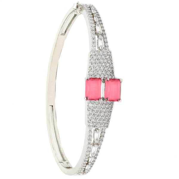 Rhodium Plated Silver Toned Square Shape Ruby Red American Diamond Studded Bracelet