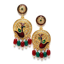 Gold-Plated Artifical Stone Studded & Beaded Peacock Craved Long Necklace with Earring Jewellery Set