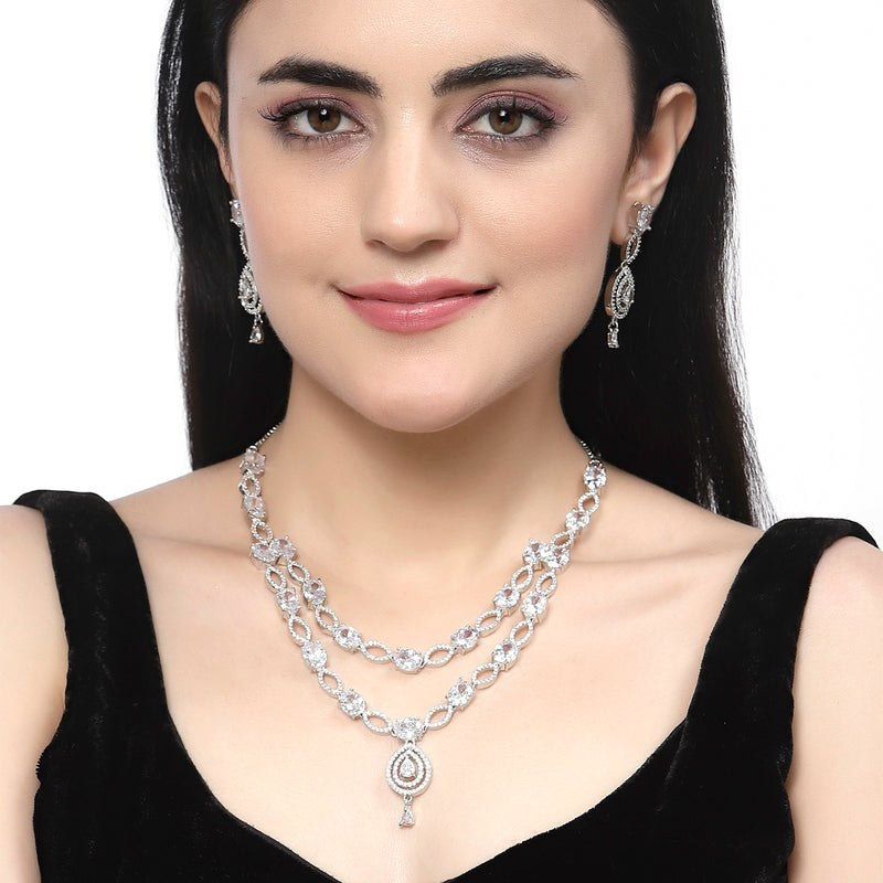 Rhodium-Plated White American Diamond Studded Abstract Necklace & Earrings Jewellery Set