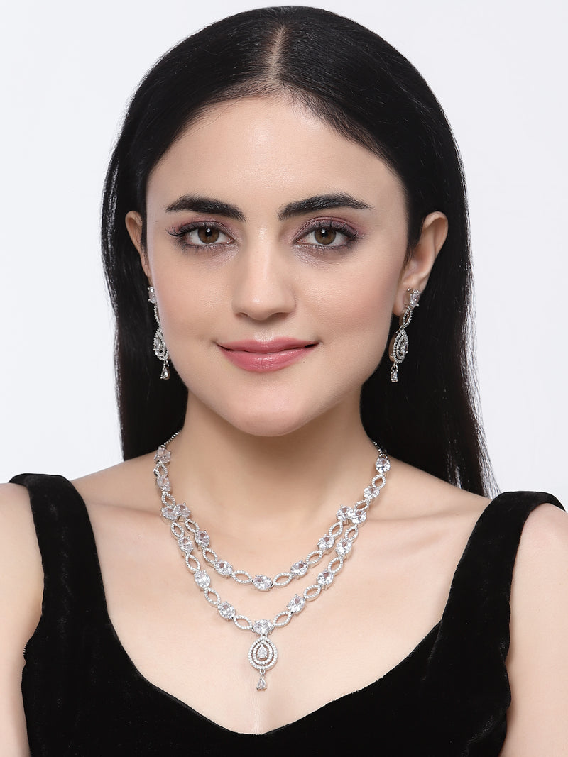 Rhodium-Plated White American Diamond Studded Abstract Necklace & Earrings Jewellery Set