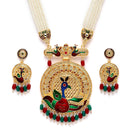 Gold-Plated Artifical Stone Studded & Beaded Peacock Craved Long Necklace with Earring Jewellery Set