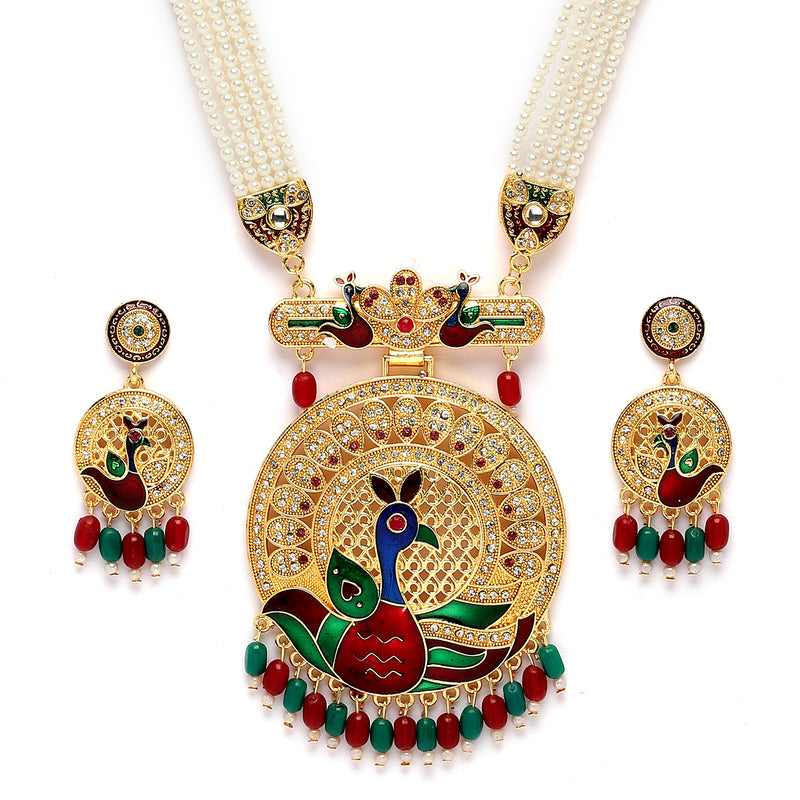 Gold-Plated Artifical Stone Studded & Beaded Peacock Craved Long Necklace with Earring Jewellery Set