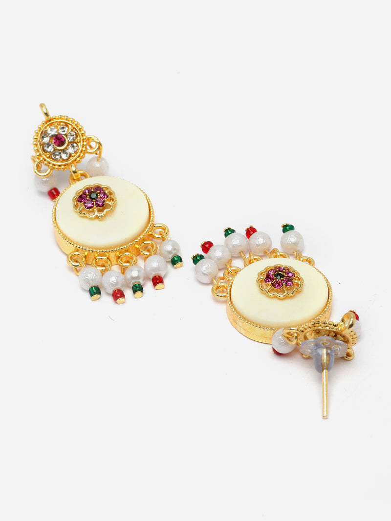 Gold-Plated Pink Kundan & White Pearls Studded & Beaded Long Meenakari Necklace with Earrings Jewellery Set