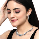 Rhodium-Plated Navy Blue American Diamonds Studded Voguish Necklace & Earrings Jewellery Set
