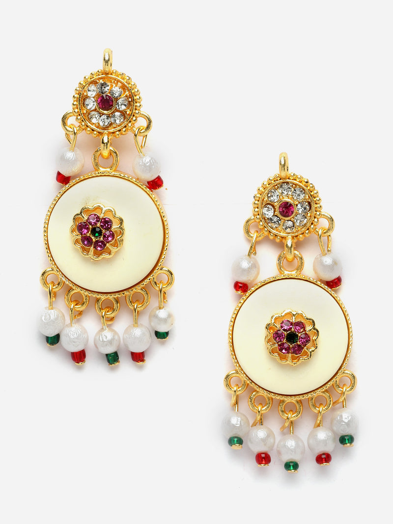 Gold-Plated Pink Kundan & White Pearls Studded & Beaded Long Meenakari Necklace with Earrings Jewellery Set