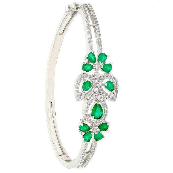 Rhodium-Plated Silver Toned Leaf Shaped Emerald Green American Diamond Studded Bracelet
