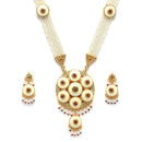 Gold-Plated Pink Kundan & White Pearls Studded & Beaded Long Meenakari Necklace with Earrings Jewellery Set