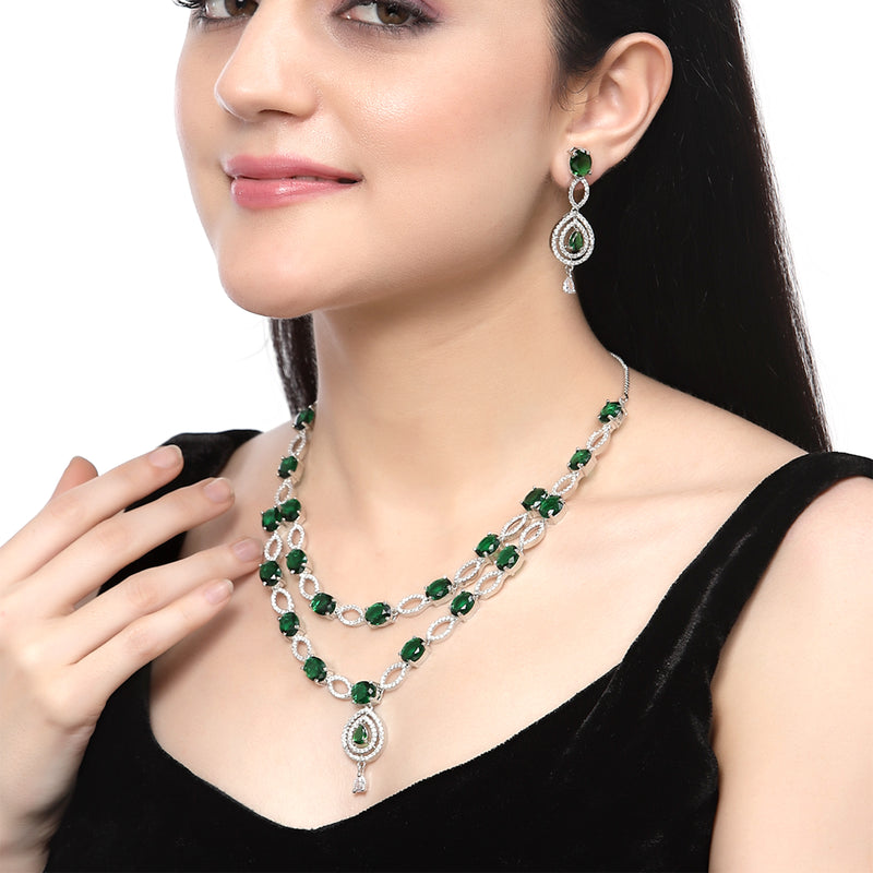 Rhodium-Plated Green American Diamond Studded Abstract Necklace & Earrings Jewellery Set