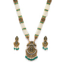 Gold-Plated Cubic Zirconia Studded & Beaded Long Meenakari Necklace with Earrings Jewellery Set