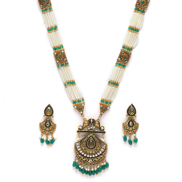 Gold-Plated Cubic Zirconia Studded & Beaded Long Meenakari Necklace with Earrings Jewellery Set