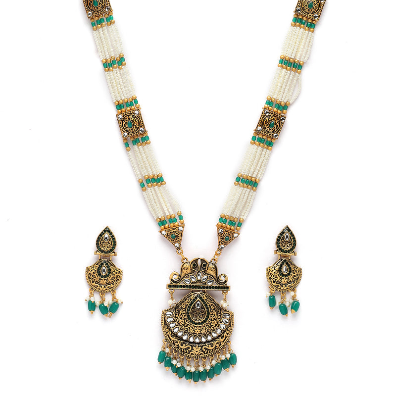 Gold-Plated Cubic Zirconia Studded & Beaded Long Meenakari Necklace with Earrings Jewellery Set
