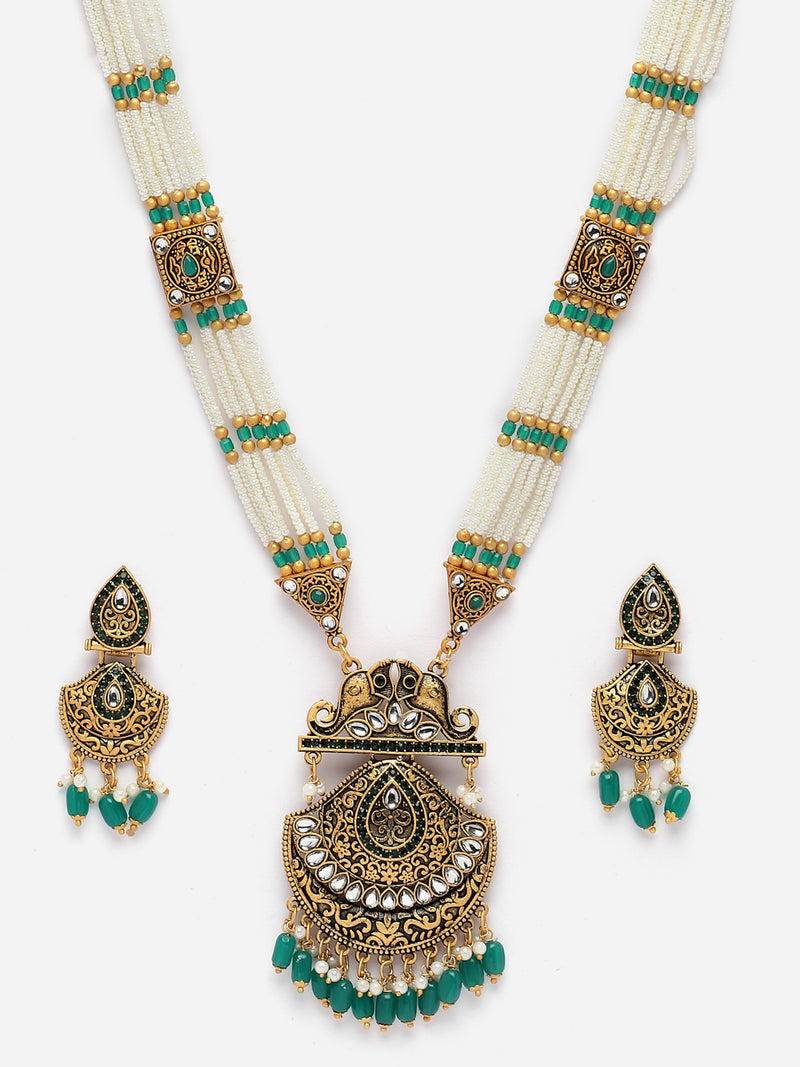 Gold-Plated Cubic Zirconia Studded & Beaded Long Meenakari Necklace with Earrings Jewellery Set