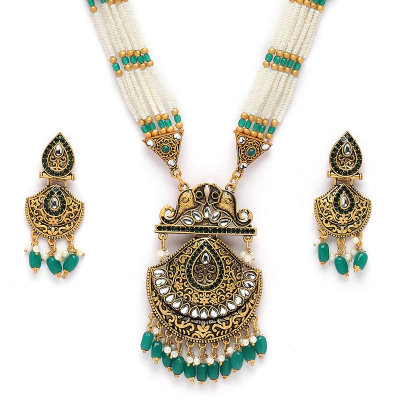 Gold-Plated Cubic Zirconia Studded & Beaded Long Meenakari Necklace with Earrings Jewellery Set
