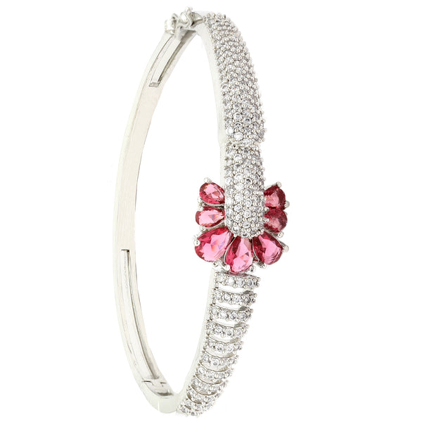 Rhodium-Plated Silver Toned Petal Shaped Red American Diamond Studded Bracelet