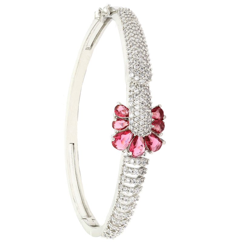 Rhodium-Plated Silver Toned Petal Shaped Red American Diamond Studded Bracelet