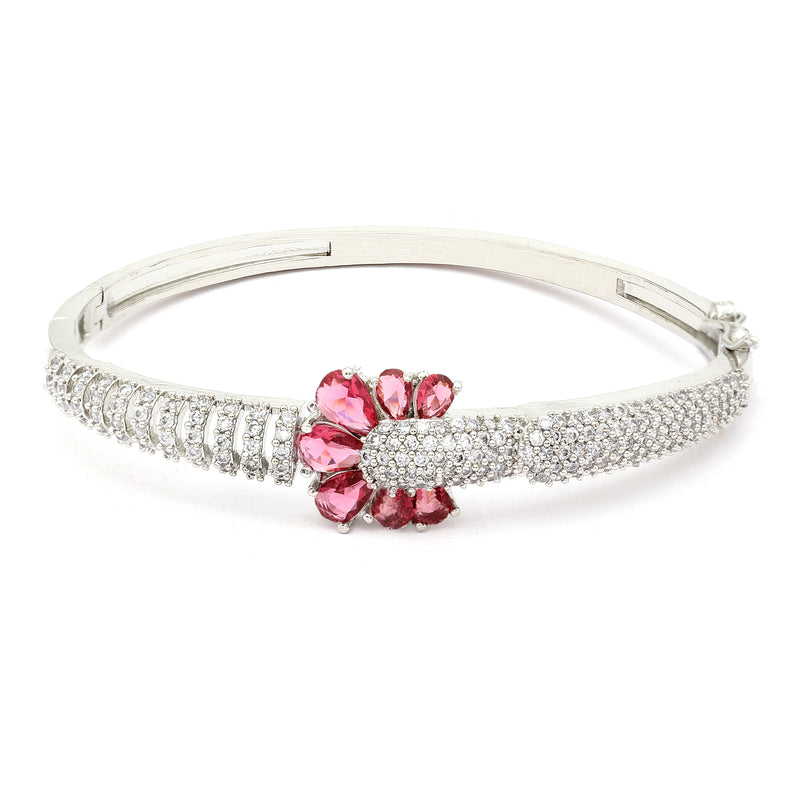 Rhodium-Plated Silver Toned Petal Shaped Red American Diamond Studded Bracelet