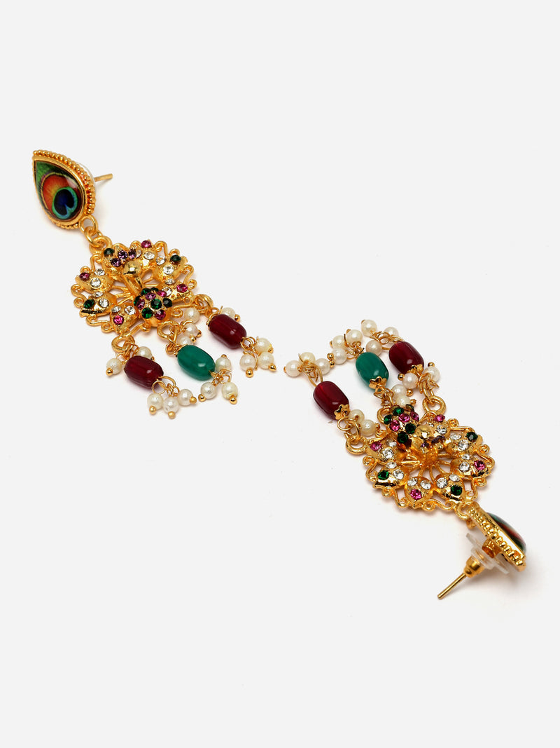 Gold-Plated Kundan Studded & Beaded Long Meenakari Necklace with Earrings Jewellery Set