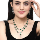 Rhodium-Plated Green American Diamond Studded Abstract Necklace & Earrings Jewellery Set