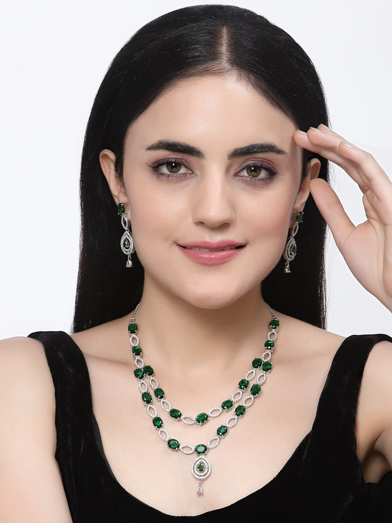Rhodium-Plated Green American Diamond Studded Abstract Necklace & Earrings Jewellery Set