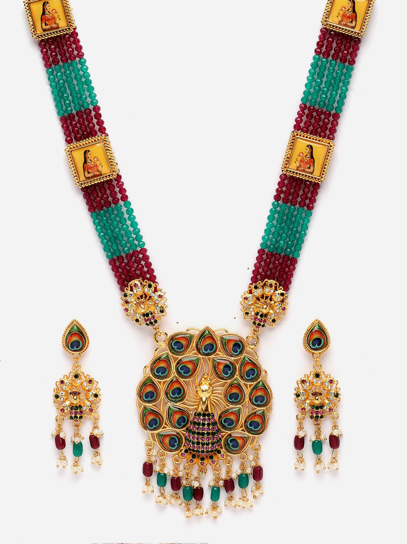 Gold-Plated Kundan Studded & Beaded Long Meenakari Necklace with Earrings Jewellery Set