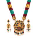 Gold-Plated Kundan Studded & Beaded Long Meenakari Necklace with Earrings Jewellery Set