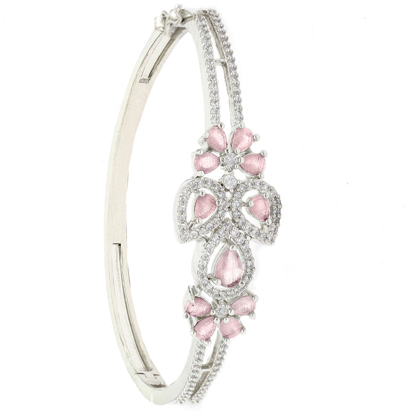 Rhodium-Plated Silver Toned Leaf Shaped Pink American Diamond Studded Bracelet