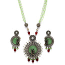 Oxidised Silver-Plated Lime Green Stone Studded & Beaded Antique Matte God Krishna Jewellery Set