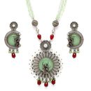 Oxidised Silver-Plated Lime Green Stone Studded & Beaded Antique Matte God Krishna Jewellery Set