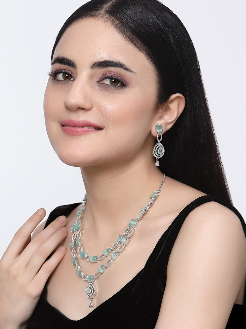 Rhodium-Plated Sea Green American Diamond Studded Abstract Necklace & Earrings Jewellery Set