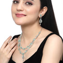 Rhodium-Plated Sea Green American Diamond Studded Abstract Necklace & Earrings Jewellery Set