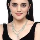 Rhodium-Plated Sea Green American Diamond Studded Abstract Necklace & Earrings Jewellery Set