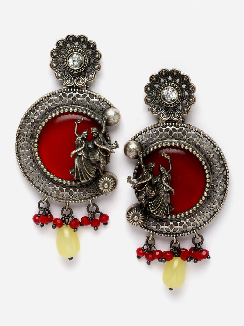 Oxidised Silver-Plated Red Stone Studded & Beaded Antique Matte God Krishna Jewellery Set