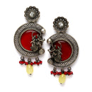 Oxidised Silver-Plated Red Stone Studded & Beaded Antique Matte God Krishna Jewellery Set