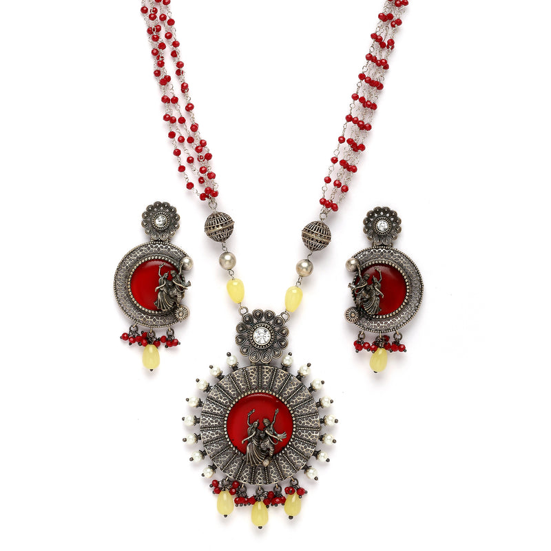 Oxidised Silver-Plated Red Stone Studded & Beaded Antique Matte God Krishna Jewellery Set