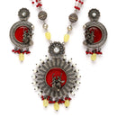Oxidised Silver-Plated Red Stone Studded & Beaded Antique Matte God Krishna Jewellery Set