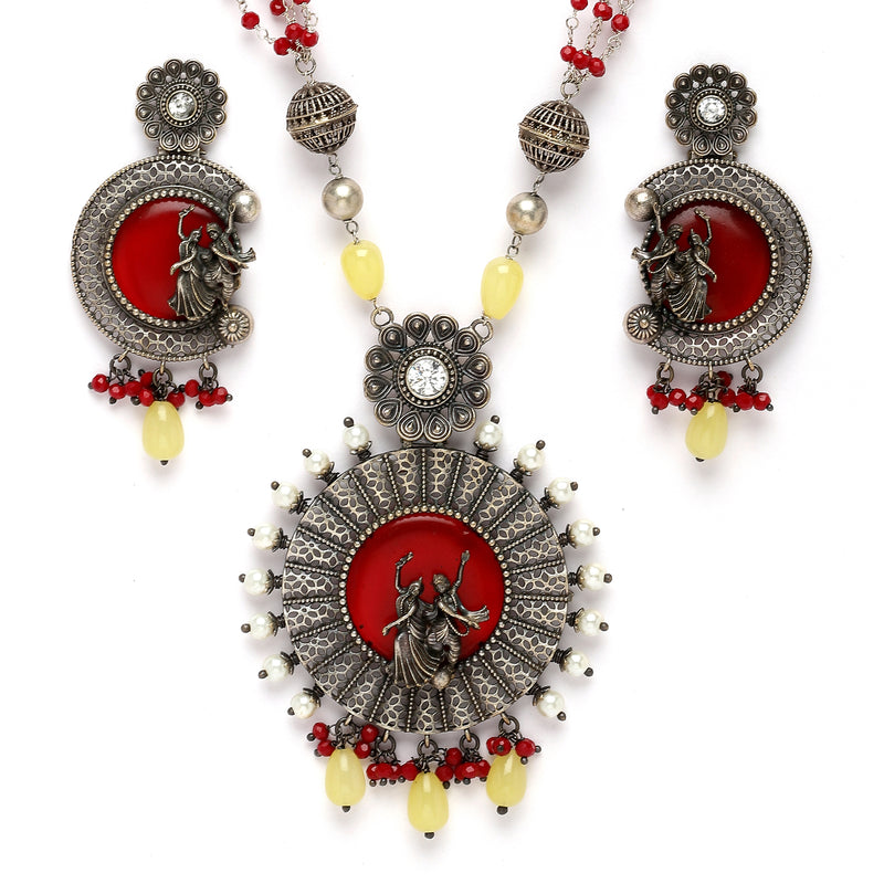 Oxidised Silver-Plated Red Stone Studded & Beaded Antique Matte God Krishna Jewellery Set