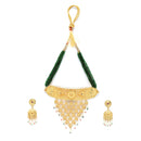 Gold-Plated Green & White Kundan Studded & Beaded Choker Meenakari Necklace with Earrings Jewellery Set