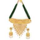 Gold-Plated Green & White Kundan Studded & Beaded Choker Meenakari Necklace with Earrings Jewellery Set
